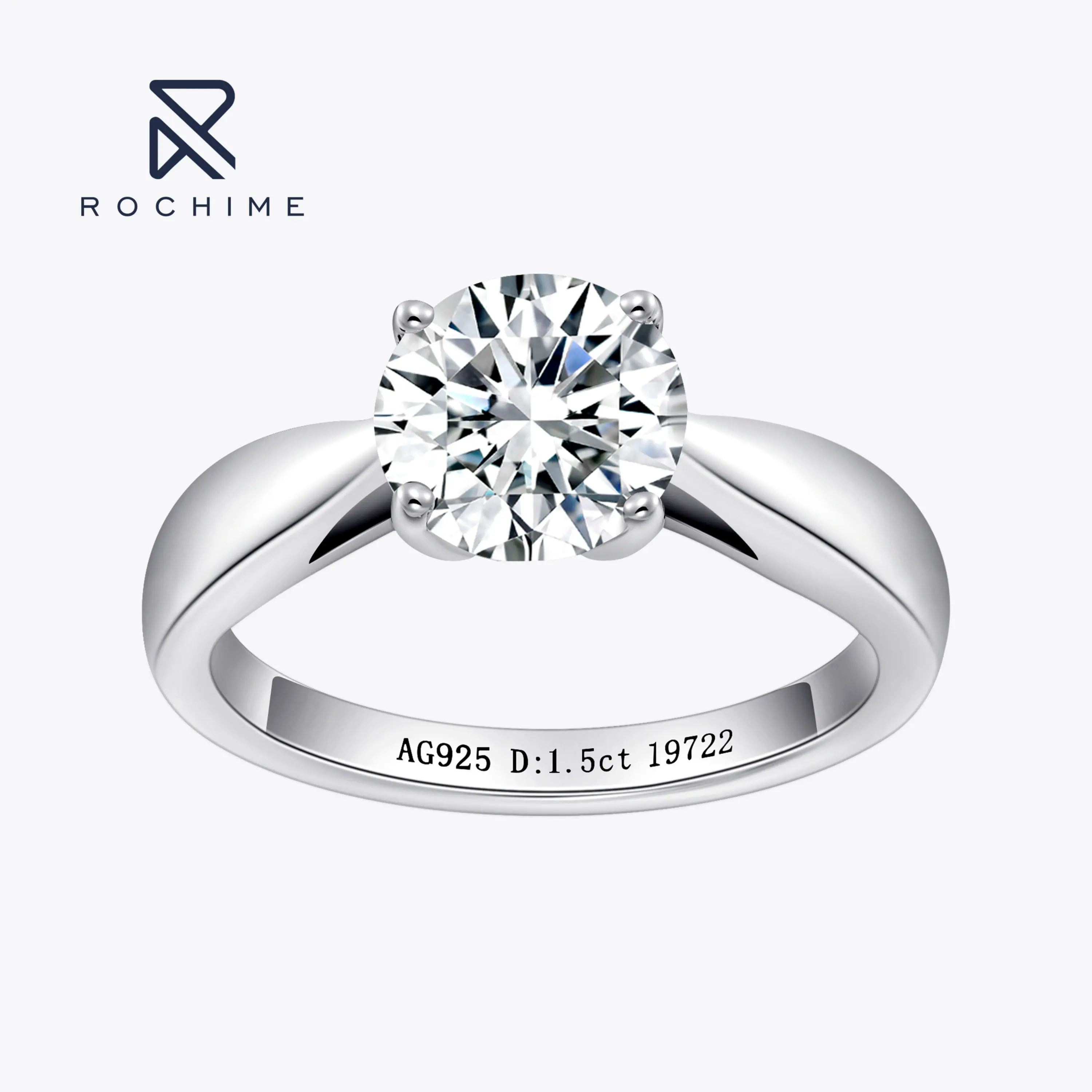 Rochime Hoge Kwaliteit 1.5 Karaat Ronde Briljante Gesimuleerde Diamanten Ringen 925 Sterling Zilver 5a Zirkoon Sieraden Voor Vrouwen