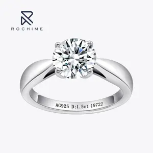 Rochime 고품질 1.5 캐럿 라운드 브릴리언트 시뮬레이션 다이아몬드 반지 925 스털링 실버 5a 지르콘 쥬얼리