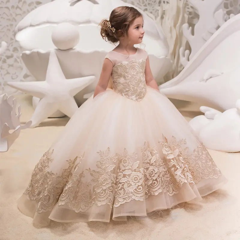 Finalz Wholesale Party Evening Gown Girls' Dresses champagne Tulle long sleeveless baby princess dresses