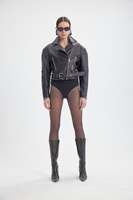 Blouson court noir en peau de mouton de qualité supérieure pour femme, avec fermeture éclair en cuir souple grainé, manches classiques, automne