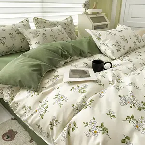 QUNZHEN Spring Printed Flat 4 Piece King Size Cotton Bedding Set