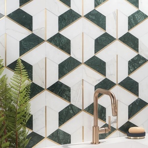 Polished White Carrara and Verde Affai Marble and Brass <strong>Mosaic</strong> Kitchen Backsplash Thassos White with Mother of Pearl <strong>Mosaic</strong> - Product Image 2