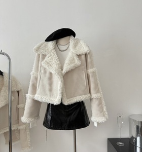 A11087 Ladies Fashion <strong>Short</strong> Woolen Jacket Coats PU <strong>Leather</strong> Dyed Vintage Decoration Zipper Closure Camel Sheep - Product Image 4