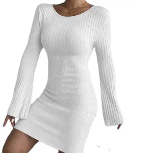 유럽과 미국 여성의 섹시한 등이없는 단색 긴 스웨터 원피스 플레어 소매 기질 꽉 니트 원피스
