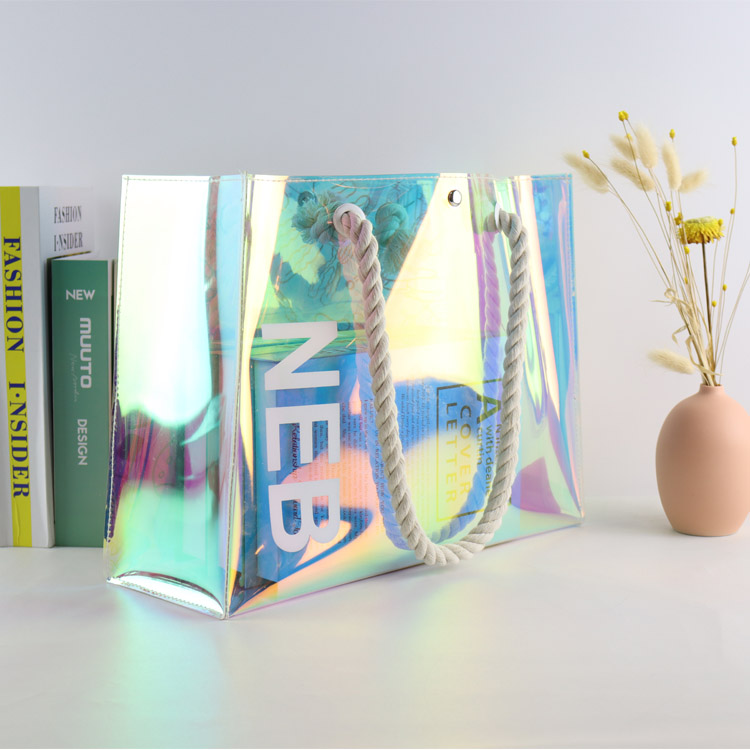 Laser Handle Shoulder Bag Glitter Tote Bag Pvc Holographic Bag, vinyl rainbow, Beach Swimming Tote