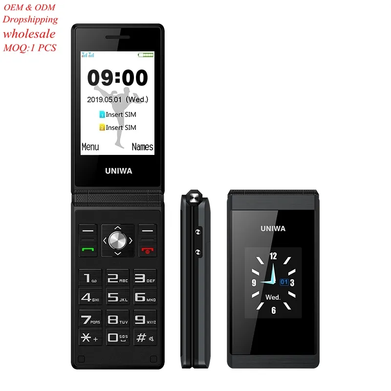 UNIWA X28 Flip Phone 2.8นิ้ว + 1.77นิ้วแบตเตอรี่1200MAh,MT6261D ชิปของขวัญคริสต์มาสสำหรับปู่ย่าตายาย