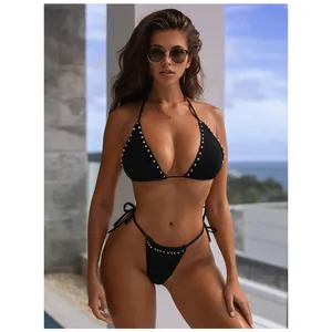 Wholesale Low Price Black Swimwear G-String Rivets Thong Swimsuit 2024 Women Sexy Halter Bandage Bikini Set