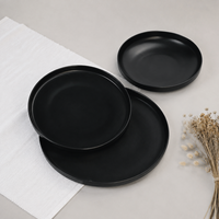 Service de table en porcelaine céramique de qualité supérieure de 12 pièces avec glaçure noire semi-mate avec bol de riz aux fruits et assiette à pâtes incurvée