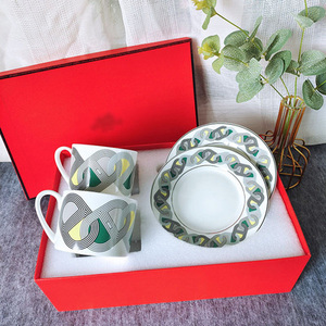 Best Selling European Luxury Grey and Colorful Runway Pattern Dining Room Set Bone China <b>Cup</b> & <b>Saucer</b> - Product Image 5