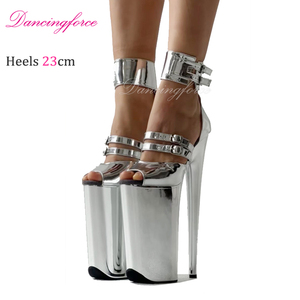 Hot Bán Chất Lượng Cao 23Cm Siêu Cao Gót Gullick Bạc Kim Loại Nền Tảng Dép Peep Toe Sexy Cực Nhảy Múa Giày - Product Image 1