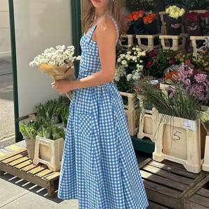 Vestido Midi Elegante Personalizable sin Mangas con Bolsillos, Espalda Descubierta de Doble Capa, Casual a Cuadros para Vacaciones de Verano para Mujer - Product Image 3