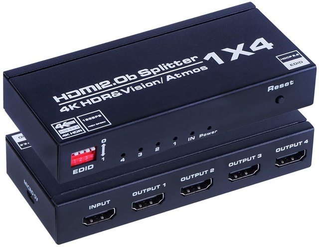 4K HDMI Splitter 1x4 HDMI2.0 4K 60HZ Splitter 4port 1 in 4 Out Support HDCP2.2 RGB 8:8:8 3D for HDTV, Splitter HDMI EDID Scalar