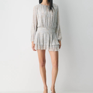 Light Blue Beige Paisley casual <b>skirt</b> Print Tie Neck Long Sleeve <b>Elastic</b> Waist Ruffle Hem Flowy Mini Dress - Product Image 3