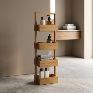 Étagère de salle de bain moderne en teck avec 4 niveaux de rangement ouverts - Product Image 2