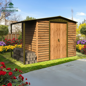 <span class=keywords><strong>Abri</strong></span> de jardin en métal sur mesure avec finition imitation <span class=keywords><strong>bois</strong></span>, double porte coulissante et kit d'extension de toit, fabrication OEM prise en charge - Product Image 1