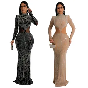 luxury elegant sexy mesh see through rhinestone beaded crystal long sleeve maxi evening ball gown dress with stones for wedding