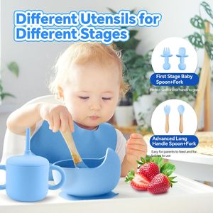 Set completo de alimentación de silicona para bebés: plato, cuchara, tenedor, babero, tazón, vaso para agua y aperitivos - Product Image 3