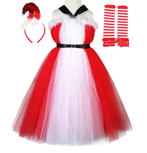 Kids Santa Claus Dresses for Girls Long Princess Cartoon Tutu Dress With Feather Christmas Party Children Clothing