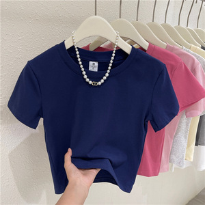 Top Estivo Aderente a Vita Alta Stile Americano, 210gsm 92% Cotone 8% Spandex, T-shirt a Maniche Corte Slim Fit, Crop Top da <span class=keywords><strong>Donna</strong></span> - Product Image 3