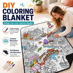 Couverture à colorier personnalisable pour enfants, activité parent-enfant, motif animalier et floral à lignes blanches, lavable - Product Image 1