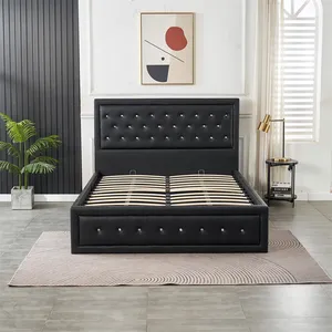 Muebles de dormitorio de alta calidad, cama de almacenamiento de cuero negro moderna de lujo ligera, cama doble King Size de 1,8 m