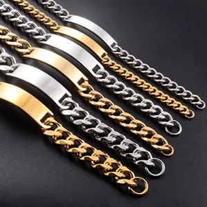 Pulsera de Acero Inoxidable de 22cm con Etiqueta en Blanco para Hombre y Mujer, Estilo Punk, Brazalete Curvo con Barra, Cadena Cubana, Joyería Metálica - Product Image 1