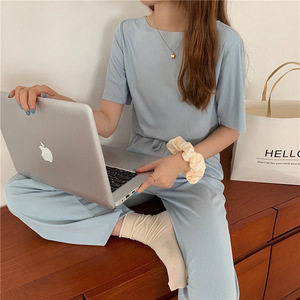 Boutique all'ingrosso due pezzi estate nuovi 2022 <span class=keywords><strong>vestiti</strong></span> T-shirt Casual in <span class=keywords><strong>cotone</strong></span> tinta unita pantaloni lunghi set da <span class=keywords><strong>donna</strong></span> - Product Image 3