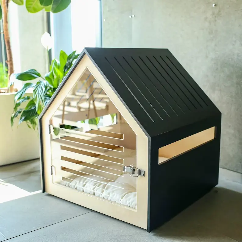 Akrilik kapı ahşap köpek sandık mobilya kapalı evcil hayvan evi köpekler için açık