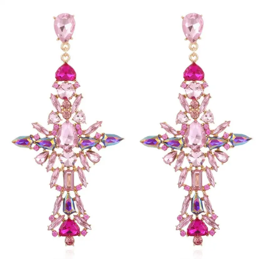 2023 fashion jewelry Exaggerate Light Luxury Style Colorful Rhinestone Cross Earrings Personality Hollow Diamond Cross Earrings