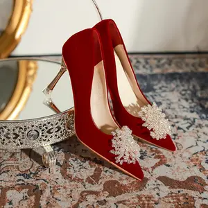 新款连衣裙皮鞋女高跟细高跟鞋珍珠派对女鞋红色水晶女鞋