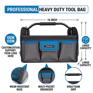 Professional 16 Inch Heavy Duty <b>Tool</b> Bag Open Top Organizer Tote with Metal Handle & Hard Base, Supports OEM/ODM - Product Image 1