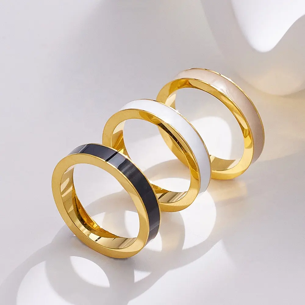 Wholesale Custom Fashion Jewelry 18K Gold Stainless Steel Not Fade Waterproof Simple Ring Enamel Colored Couple Rings Women Men