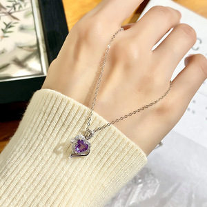 สร้อยคอจี้รูปดาวประดับหินธรรมชาติทรงหัวใจขนาด 6 มม. 9 เม็ด พร้อมคริสตัลเงินแท้ 925 ป้องกันการหมอง ของขวัญสำหรับคู่รัก - Product Image 4