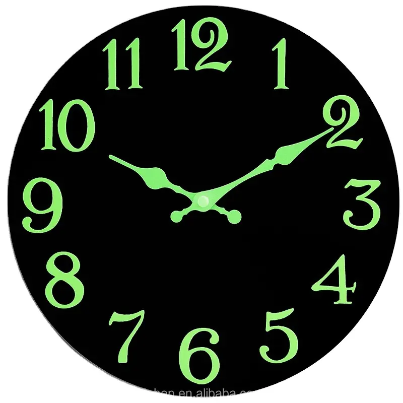 Relógio de parede de madeira luminosa, relógio moderno de fluorescência mdf, mãos, logotipo personalizado, preto e redondo