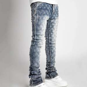 بنطلون جينز رجالي ضيق باللون الأزرق مطاطي ومزين باللؤلؤ من RNSHANGER، بنطلون دينم مكدس بتصميم عصري مزين بأحجار الراين مناسب لأزياء الشارع ويعبر عن الشخصية للرجال - Product Image 4