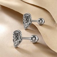 Boucles d'oreilles clous en acier chirurgical 316L, motif Roi Viking barbu, finition PVD Or, visage de guerrier nordique, pour piercing Tragus et Hélix, bijoux
