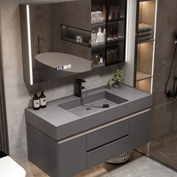 Meuble de salle de bain en bois massif de luxe italien avec miroir LED intelligent et lavabo en pierre microcristalline pour salle de bain