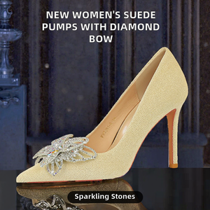 New Arrival Women's Light Luxury Suede Pumps Summer Breathable European American Style Rhinestones Bow Slip on Thick <b>Heels</b> - Product Image 2