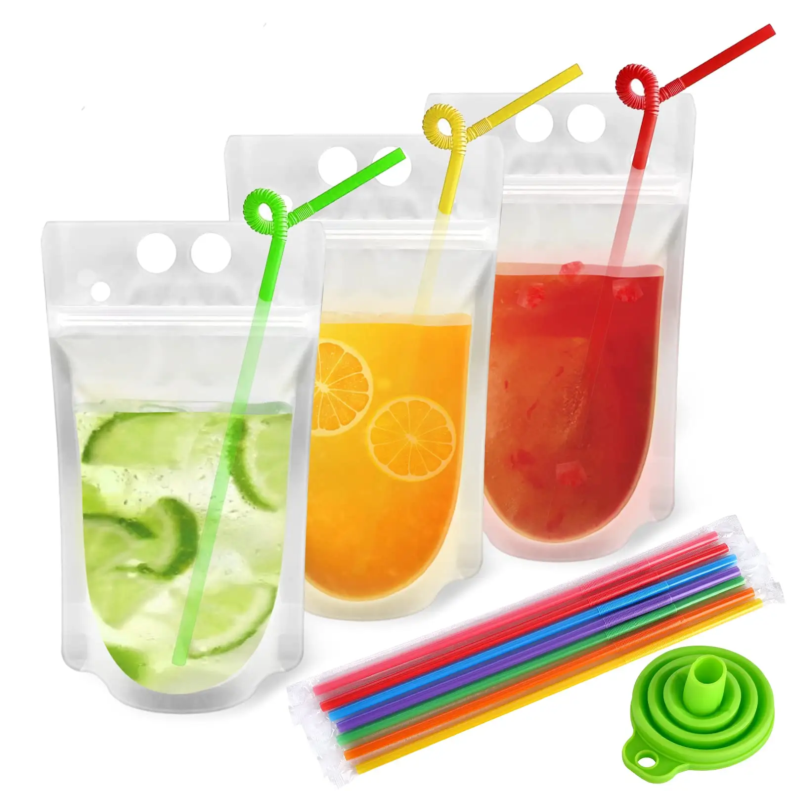 Reclosable Double Zipper Handheld Juice Beverage Pouches Clear Drink Bags with Disposable Plastic Straws