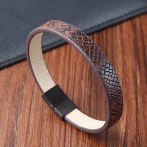 Braided <b>Leather</b> Cord <b>Bracelet</b> Stainless Steel & Genuine Cowhide Men's Snake Pattern Wristband - Product Image 2