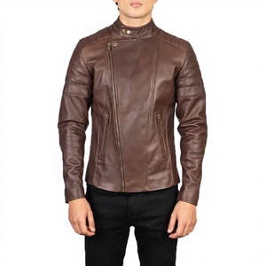 Men's <b>Brown</b> Genuine <b>Leather</b> Windproof Moto <b>Jacket</b> with Zipper Closure Slim Fit Design Front Logo - Product Image 4