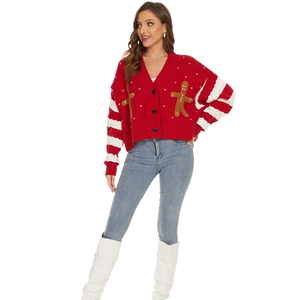 Maglione a maniche lunghe moda donna top <span class=keywords><strong>cardigan</strong></span> corto <span class=keywords><strong>rosso</strong></span> natalizio con ricamo Oversize invernale all'ingrosso - Product Image 6