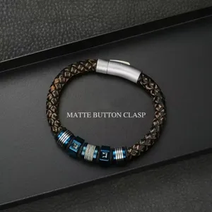 Punk Men Jewelry Genuine Leather Braided Bracelets Black Zircon Stainless Steel Blue Beads Bracelets Fashion Male Bangle