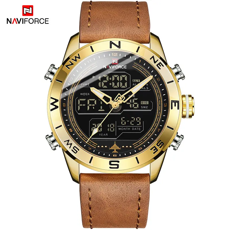 NAVIFORCE – montre de sport numérique en cuir pour homme, accessoire de luxe, en or, à Quartz, 9144