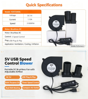 Ventilateur souffleur d'air 9733 5V 1.10A 3100RPM USB, ventilateur de refroidissement à turbine réglable 3 vitesses pour poêle à huile usagée, barbecue, gril, poêle à bois
