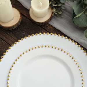 Assiettes de présentation de luxe en plastique blanc avec bord doré, 13 pouces, transparentes et perlées, réutilisables, pour mariages (vente en gros) - Product Image 2
