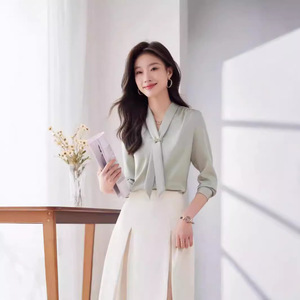 Women's White Chiffon Blouse Solid Color Wrap And Tie Long Sleeve Work Shirt Professional Office Top Autumn Winter - Product Image 3