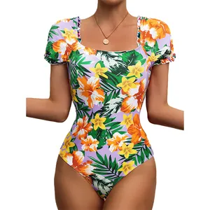 2024设计的Maillot De Bain badianzug Mayo最便宜的花卉女性褶边短袖泳衣和泳衣