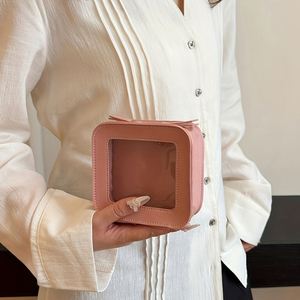 Travel Square PU Leather Fashion Cosmetic Case Transparent <b>Clear</b> Window Makeup <b>Bag</b> Women Zipper Waterproof <b>Toiletry</b> Organizer - Product Image 3
