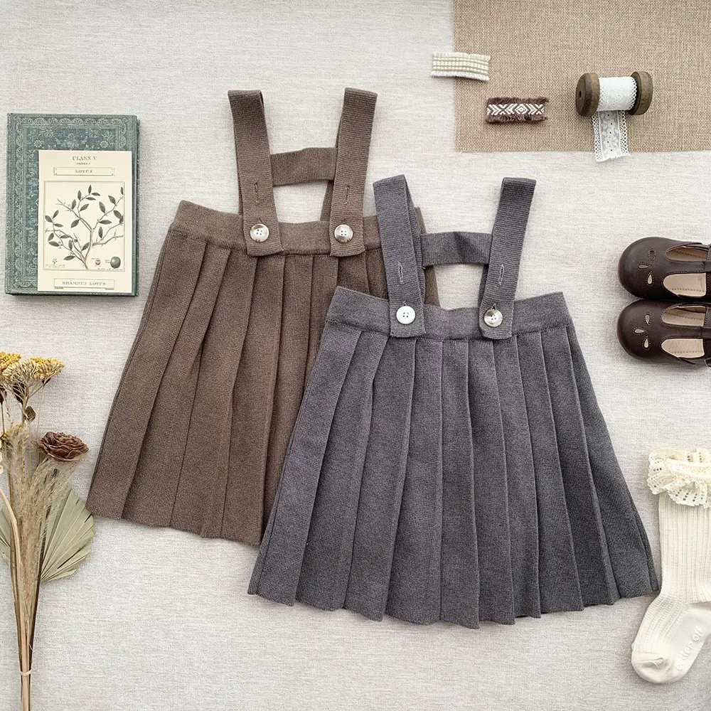 Cutemily Winter Clothes Vintage Overall Pleated High Waist Knitted Skirt Preppy Tutu Knit Skirt Baby Girl